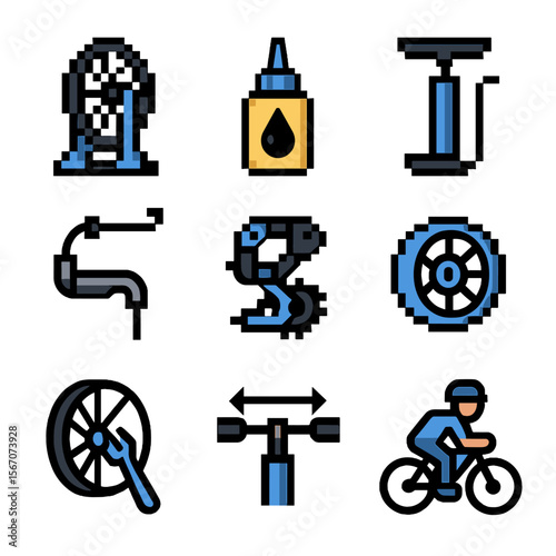 Bicycle Task Icons. Pixel art icon set of mechanics’ bicycle tasks: wheel truing stand, chain lubrication bottle, tire inflator,