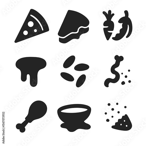 Food Leftovers Icons. Solid, filled icon set of food leftovers: pizza slice, half-eaten sandwich, vegetable scraps, sauce drip,