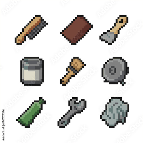 Bicycle Restoration Icon Set. Pixel art icon set of bicycle restoration tools: wire brush, sandpaper sheet, paint scraper, primer