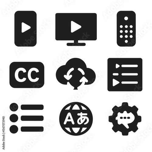 Streaming Platform Icons. Solid, filled icons set of streaming platforms with captions: mobile stream, TV
