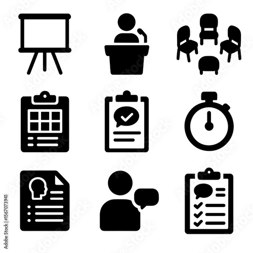 Classroom Speaking Icons. Solid, filled icons set of classroom public speaking tools: whiteboard, student