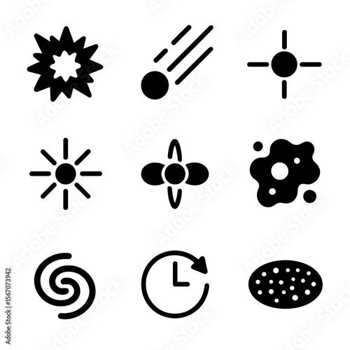 Cosmic Phenomena Icons. Solid, filled icon set of cosmic phenomena and time: supernova, meteor shower, pulsar, cosmic microwave