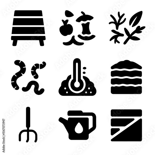 Composting Icon Set. Solid, filled icon set of composting systems: compost bin, food scraps, garden waste, worms, compost