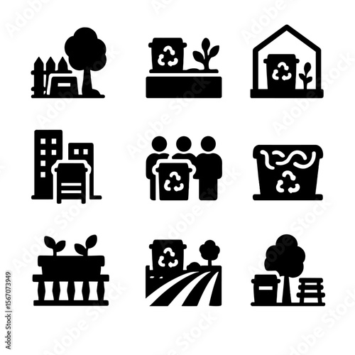 Composting Icon Set. Solid, filled icon set of composting environments: backyard, garden bed, greenhouse, urban compost bin,