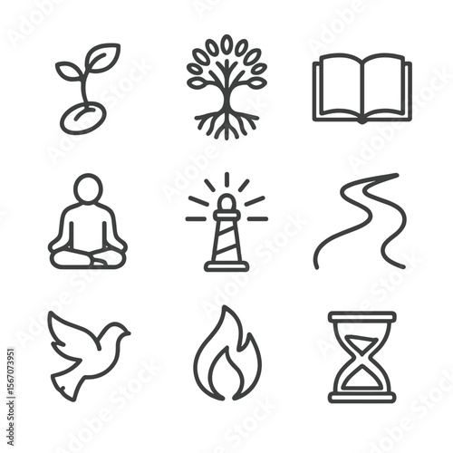 Spiritual Growth Icons. Outline icon set of spiritual growth through hardship: seed sprouting, tree with roots, open Bible,