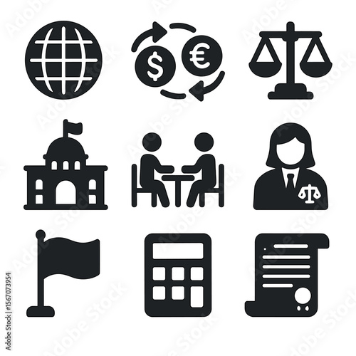 International Pricing Icons. Solid, filled icons set of international pricing disputes: globe, currency