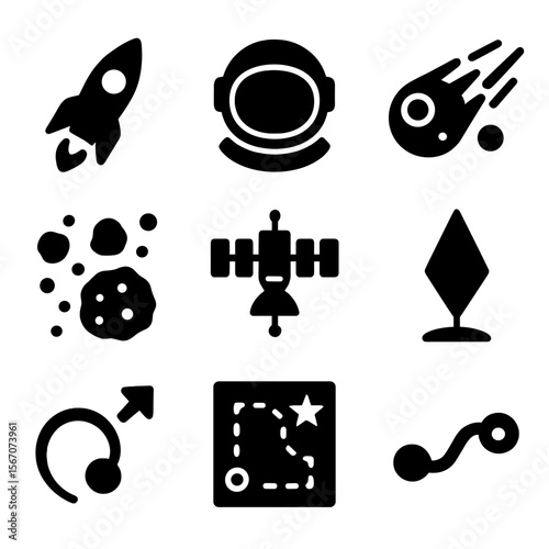 Cosmic Travel Icons. Solid, filled icon set of cosmic travel: spacecraft, astronaut helmet, space station, comet flyby, asteroid