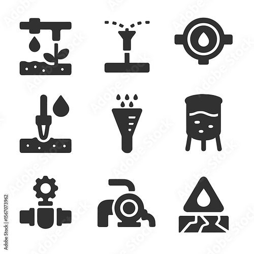 Irrigation Icon Set. Solid, filled icons set of irrigation and water management: drip irrigation, sprinkler