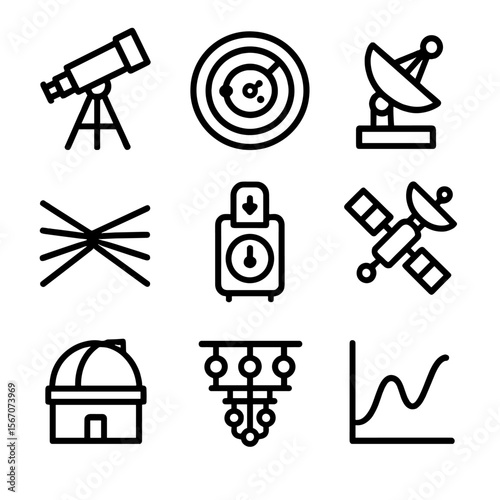 Cosmology Tools Icons. Solid, filled icon set of cosmology tools: telescope, particle accelerator, cosmic background detector,