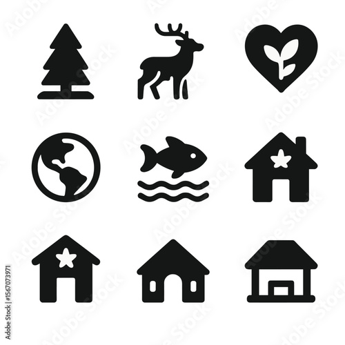 Protected Areas Icons. Solid, filled icon set of protected areas: national park, wildlife reserve, sanctuary, conservation area,