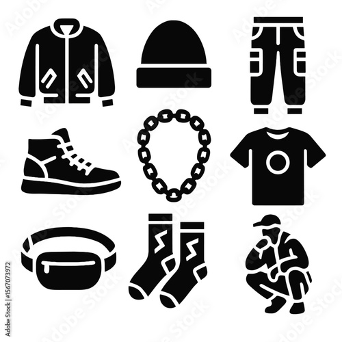 Streetwear Icons Grid. Solid, filled icons set of streetwear essentials: bomber jacket, beanie hat, cargo