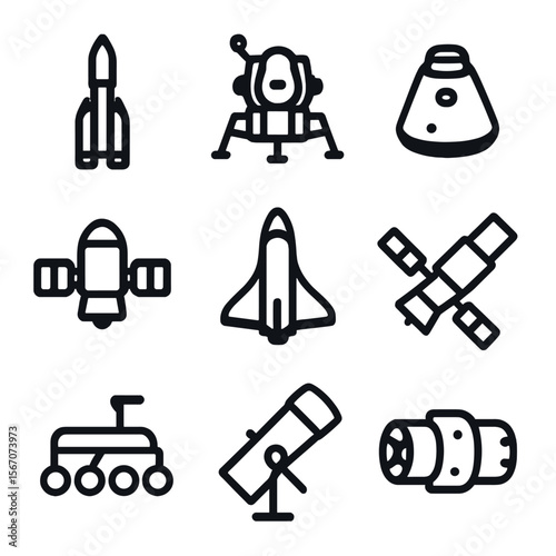 Cosmodrome Vehicle Icons. Solid, filled icon set of Cosmodrome space vehicles: orbital rocket, lunar module, space capsule, cargo