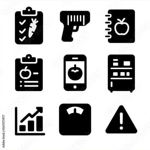 Food Tracking Icons. Solid, filled icon set of food tracking and inventory: pantry checklist, barcode scanner, food log, inventory