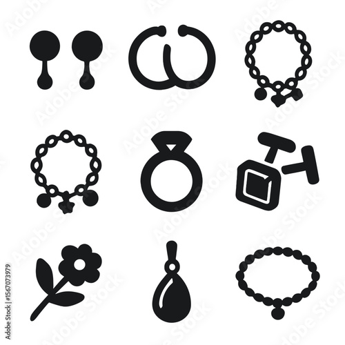 Jewelry Icons Grid. Solid, filled icons set of jewelry types for drawer storage: stud earrings, hoop earrings,