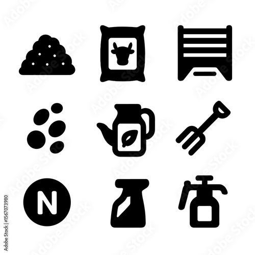 Compost & Fertilizer Icons. Solid, filled icon set of compost and fertilizers: compost pile, manure bag, fertilizer bag, compost