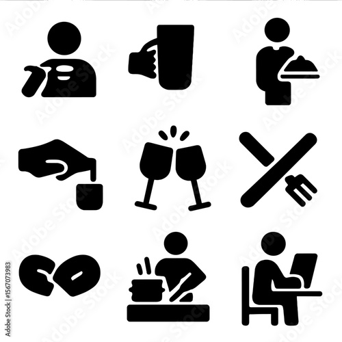 Dining Actions Icons. Solid, filled icon set of dining actions: eating, drinking, serving, pouring, toasting, cutting, sharing,
