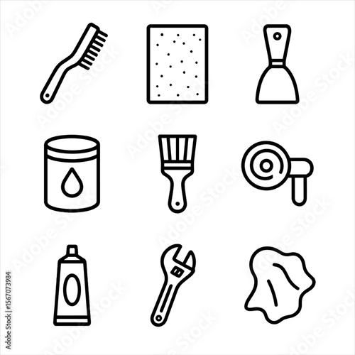 Bicycle Tool Icons. Outline icon set of bicycle restoration tools: wire brush, sandpaper sheet, paint scraper, primer can,