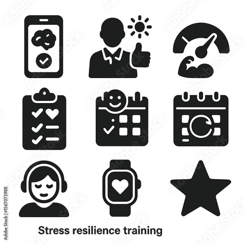 Stress Resilience Icons. Solid, filled icons set of stress resilience training: training app, resilience coach
