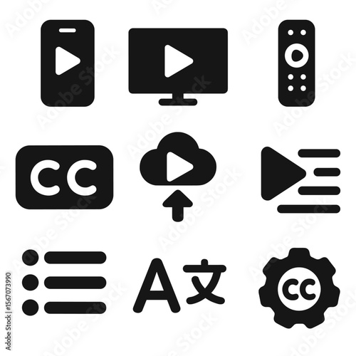 Streaming Platform Icons. Solid, filled icons set of streaming platforms with captions: mobile stream, TV