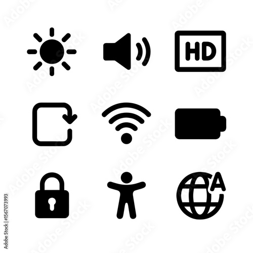 Display Settings Icons. Solid, filled icon set of interactive display settings: brightness control, volume control, resolution,