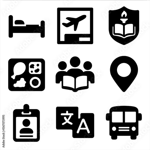 Student Journey Icons. Solid, filled icons set of international student experiences: dorm bed, airport gate,