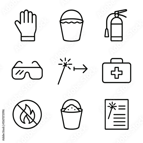 Sparkler Safety Icons. Outline icon set of sparkler safety measures: protective glove, bucket of water, fire extinguisher, safety