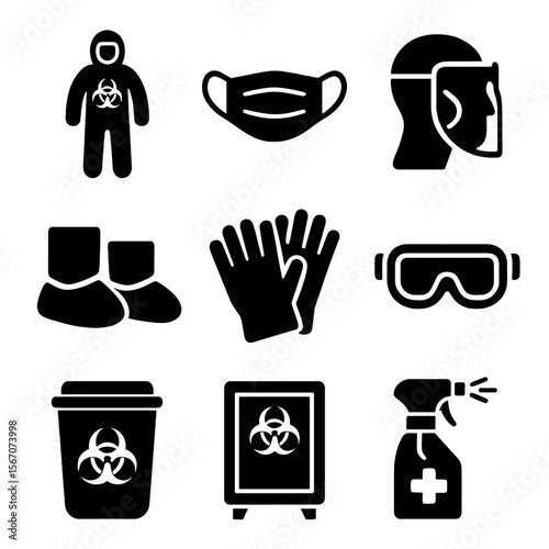 Biohazard PPE Icons. Solid, Filled icon set of biohazard PPE: biohazard suit, surgical mask, face shield, shoe covers, gloves,