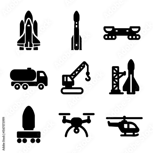 Cosmodrome Vehicle Icons. Solid, filled icon set of Cosmodrome vehicles: space shuttle, rocket, crawler transporter, fuel truck,