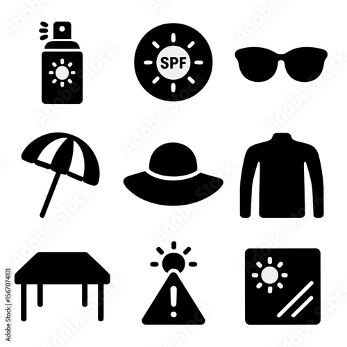 Sun Protection Icons. Solid, filled icons set of sun protection: sunblock spray, SPF label, sunglasses, beach