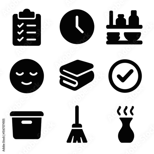 Clean Kitchen Icons. Solid, filled icons set of clean kitchen routine: checklist pad, clock icon, tidy shelf,