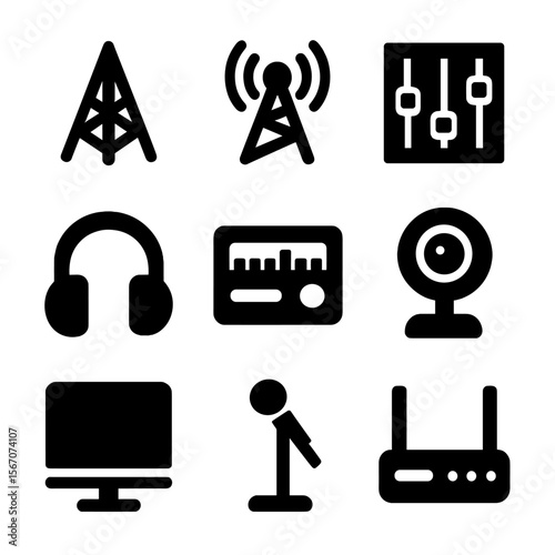Radio Station Icons. Solid, filled icon set of radio station equipment: FM antenna, signal tower, mixing board sliders, headphone