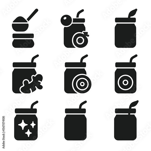 Superfood Smoothie Icons. Solid, filled icons set of superfood smoothie jars: spirulina scoop, acai berry,