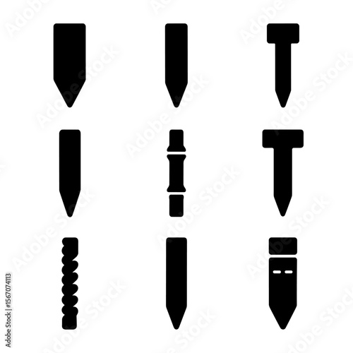 Diverse Stakes Icons. Solid, filled icon set of types of stakes by material: wood, metal, plastic, fiberglass, bamboo, concrete,