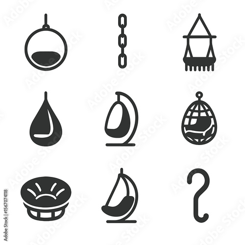 Stylish Hanging Chairs Icons. Solid, filled icons set of stylish suspended seating: acrylic bubble chair,