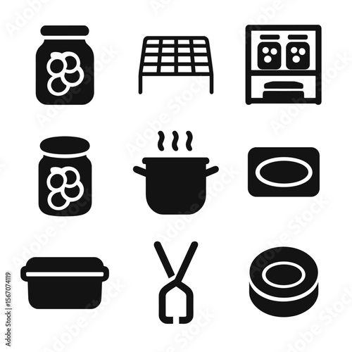 Compote Storage Icons. Solid, filled icon set of preserved compote storage: sealed jar, cooling rack, pantry shelf, vacuum lid,