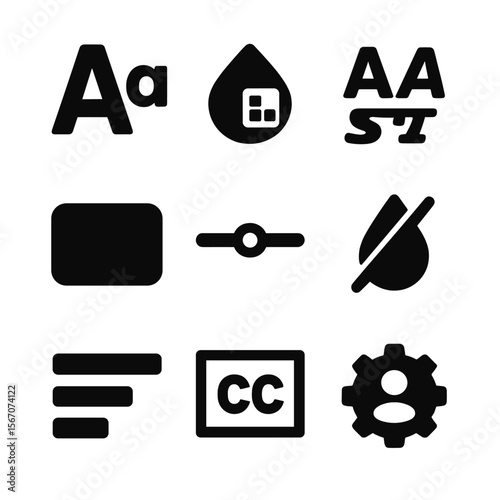 Subtitle Customization Icons. Solid, filled icons set of subtitle customization: font size, color picker,