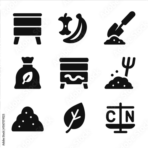 Composting Icons Grid. Solid, filled icon set of composting practices: compost bin, food scraps, garden soil, compostable bag,