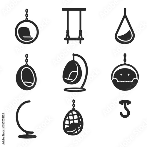 Stylish Hanging Chairs Icons. Solid, filled icons set of stylish suspended seating: acrylic bubble chair,