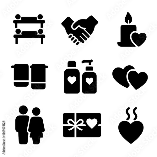 Couples Massage Icons. Solid, filled icon set of couples massage and connection: two massage beds, linked hands, romantic candle,
