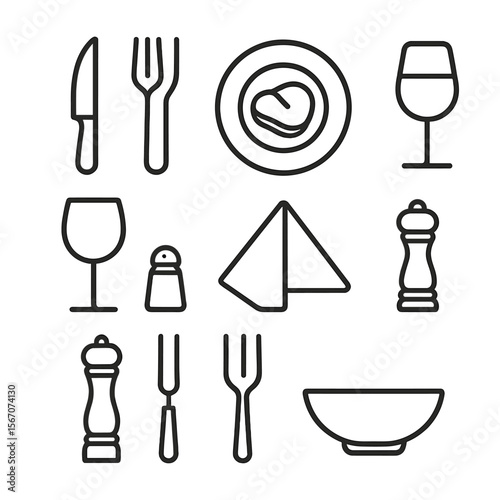 Steak Dinner Icons. Outline icon set of steak knife variants and maintenance tools: steak knife serrated blade, straight-edge