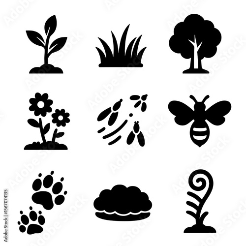 Forest Regrowth Icons. Solid, filled icon set of forest regrowth after burns: sapling, regrown grass, healthy canopy, blooming