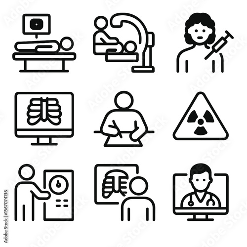 Radiology Icon Set. Solid, filled icon set of radiology procedures: image acquisition, patient positioning, contrast injection,