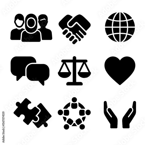 Diversity Icons Grid. Solid, filled icon set of workplace diversity and inclusion: group of diverse people, handshake, globe,