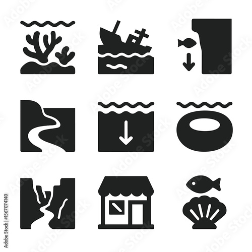 Diving Location Icons. Solid, filled icon set of diving locations: reef, shipwreck, sea wall, cove, deep ocean, blue hole,
