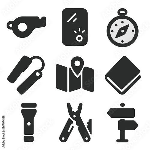 Survival Tools Icons. Solid, filled icons set of survival tools and navigation: whistle, signal mirror,