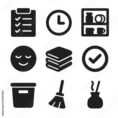 Clean Kitchen Icons. Solid, filled icons set of clean kitchen routine: checklist pad, clock icon, tidy shelf,