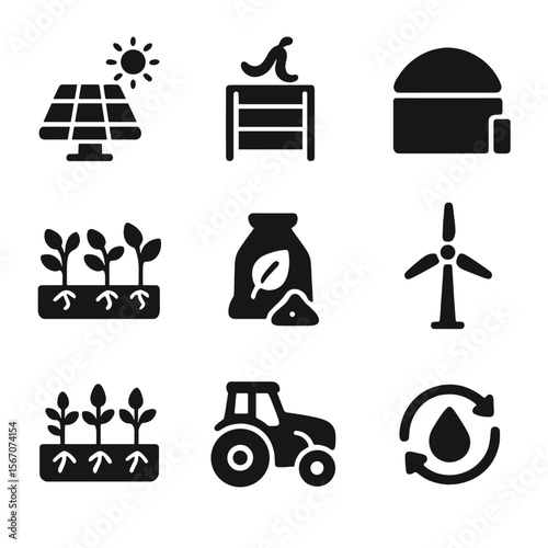 Sustainable Farming Icons. Solid, filled icons set of sustainable farming technologies: solar panel, compost