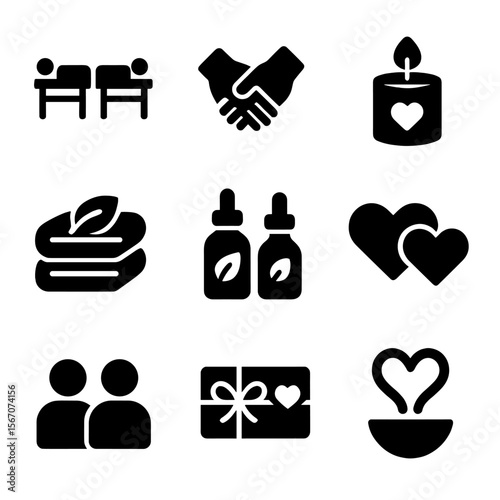 Couples Massage Icons. Solid, filled icon set of couples massage and connection: two massage beds, linked hands, romantic candle,