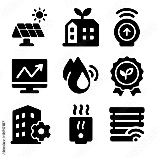 Sustainable Building Icons. Solid, filled icons set of sustainable smart buildings: solar panel, green roof,