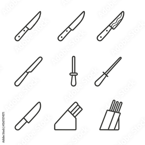 Steak Knife Icon Set. Outline icon set of steak knife variants and maintenance tools: steak knife serrated blade, straight-edge